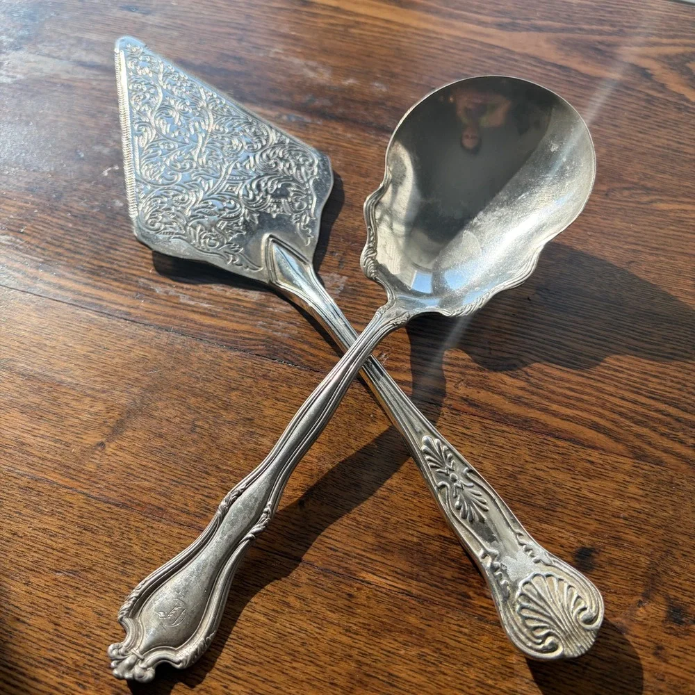 Vintage Silver Plated Ornate Etched Cake Server and Scalloped Serving Spoon Set